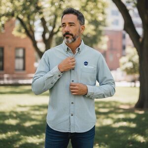 NASA Dryden Ultra Club Blue Chambray Denim Button Down Shirt Size Large EUC